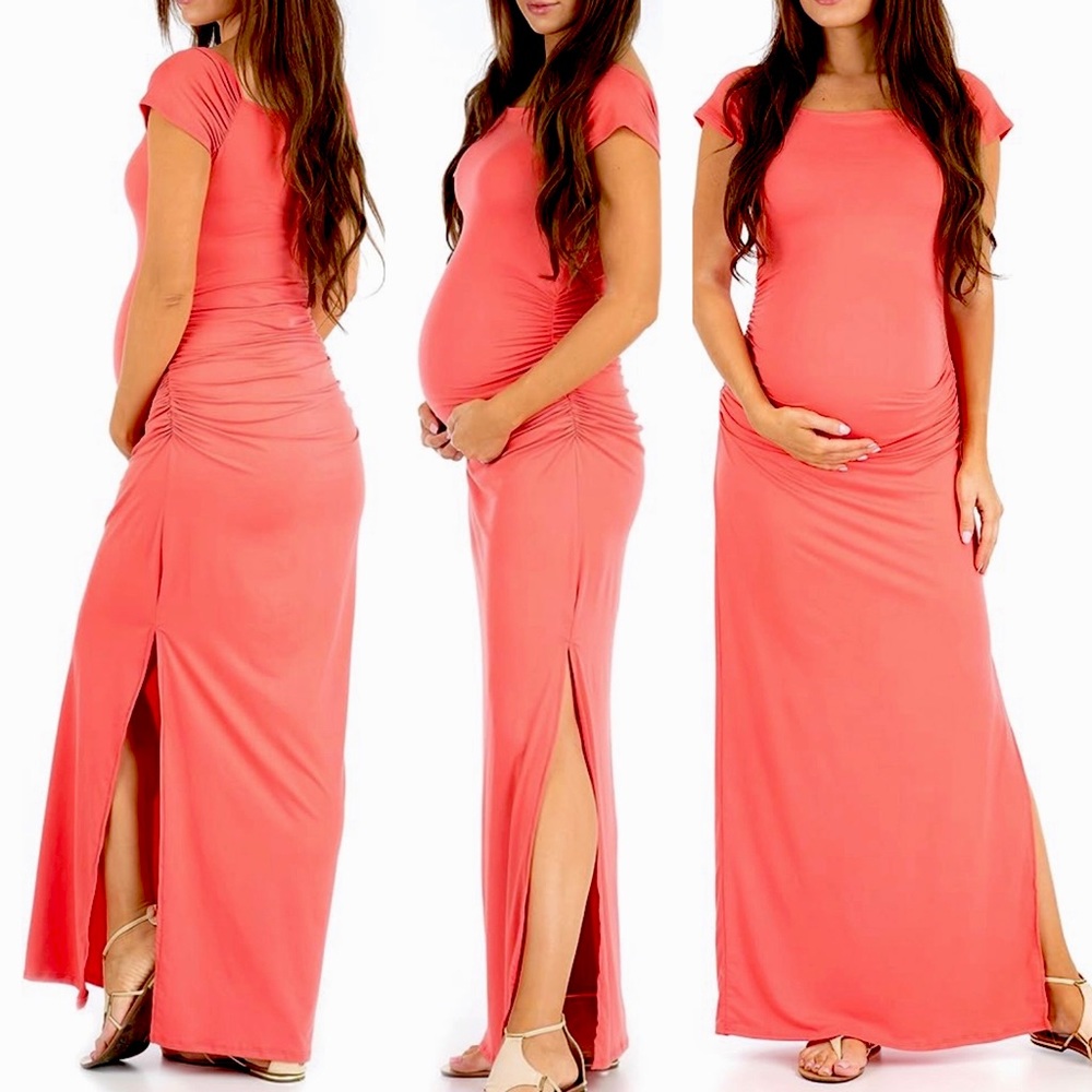 Long coral colored Maternity dress